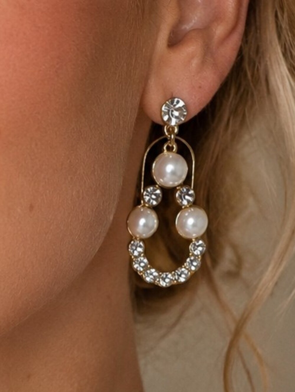 Bibb Necklace & Hoop Earrings Set Faux Pearl CZ Crystal Classic Bridal Jewelry - Picture 3 of 4